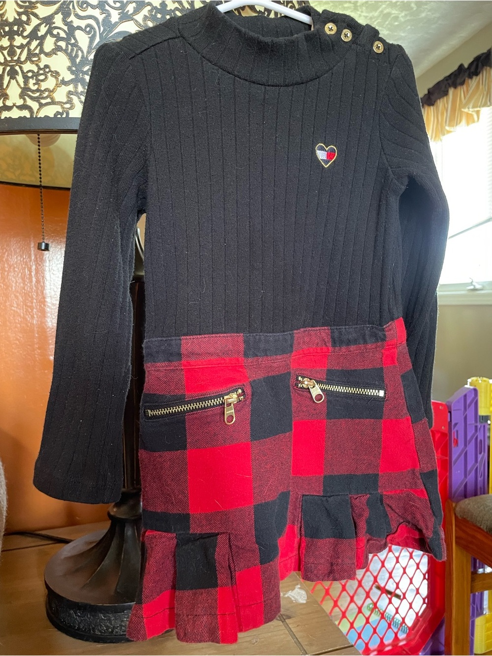 Tommy Hilfiger Black & Plaid Long Sleeve Dress with Gold Branded Buttons (2T)